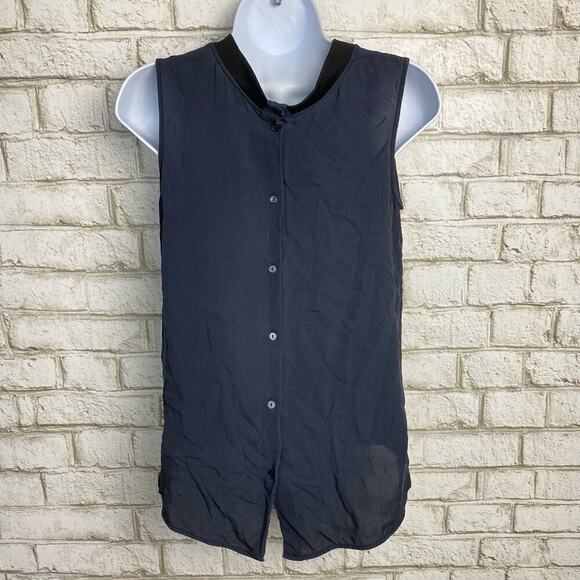 Theory Blouse Klimora Silk Top Button Crew Neck Sleevless Navy Blue Black S - Picture 3 of 6